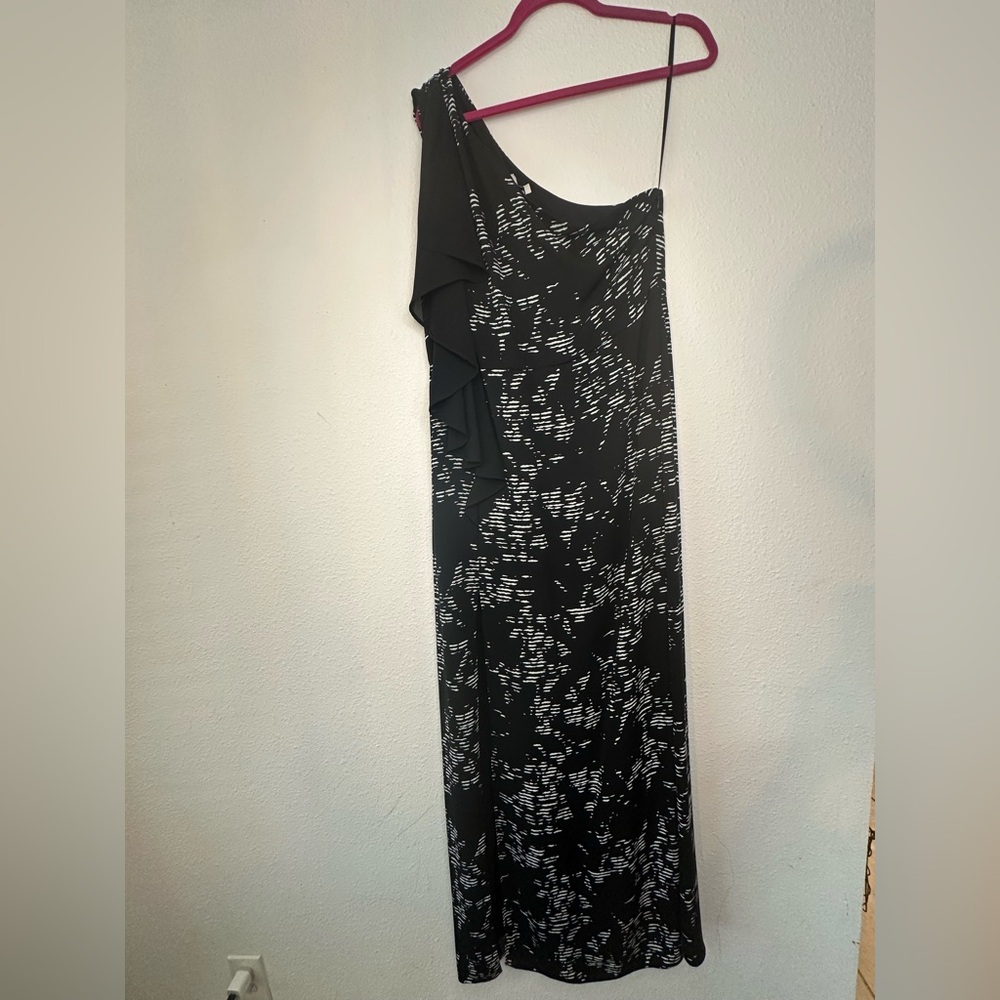 Halston one-shoulder maxi dress with a black and white print